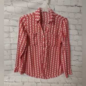 Express Portofino Butterfly Red White Button Down Large Y2K Shirt Roll Tab